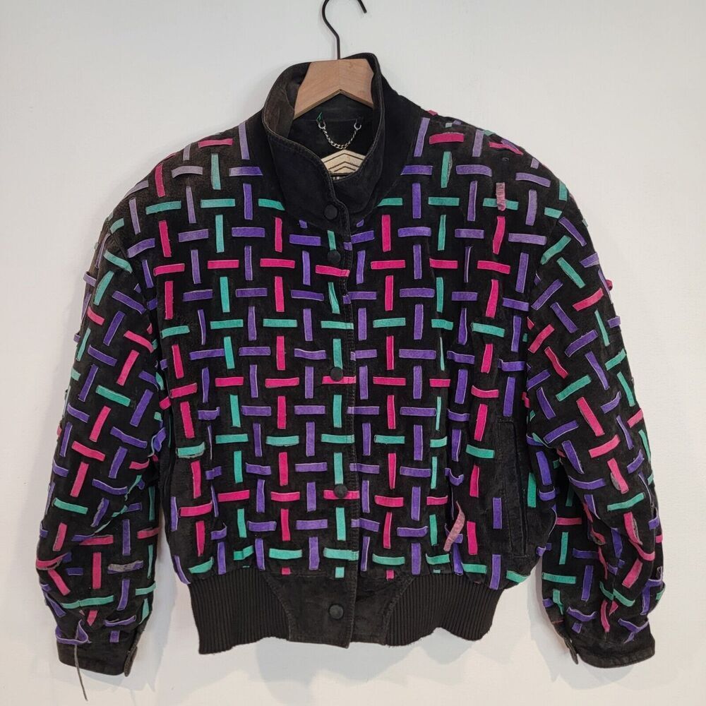 Vintage DINO'Z Leather Black Suede Jacket Bomber Turquoise Purple Pink Women S
